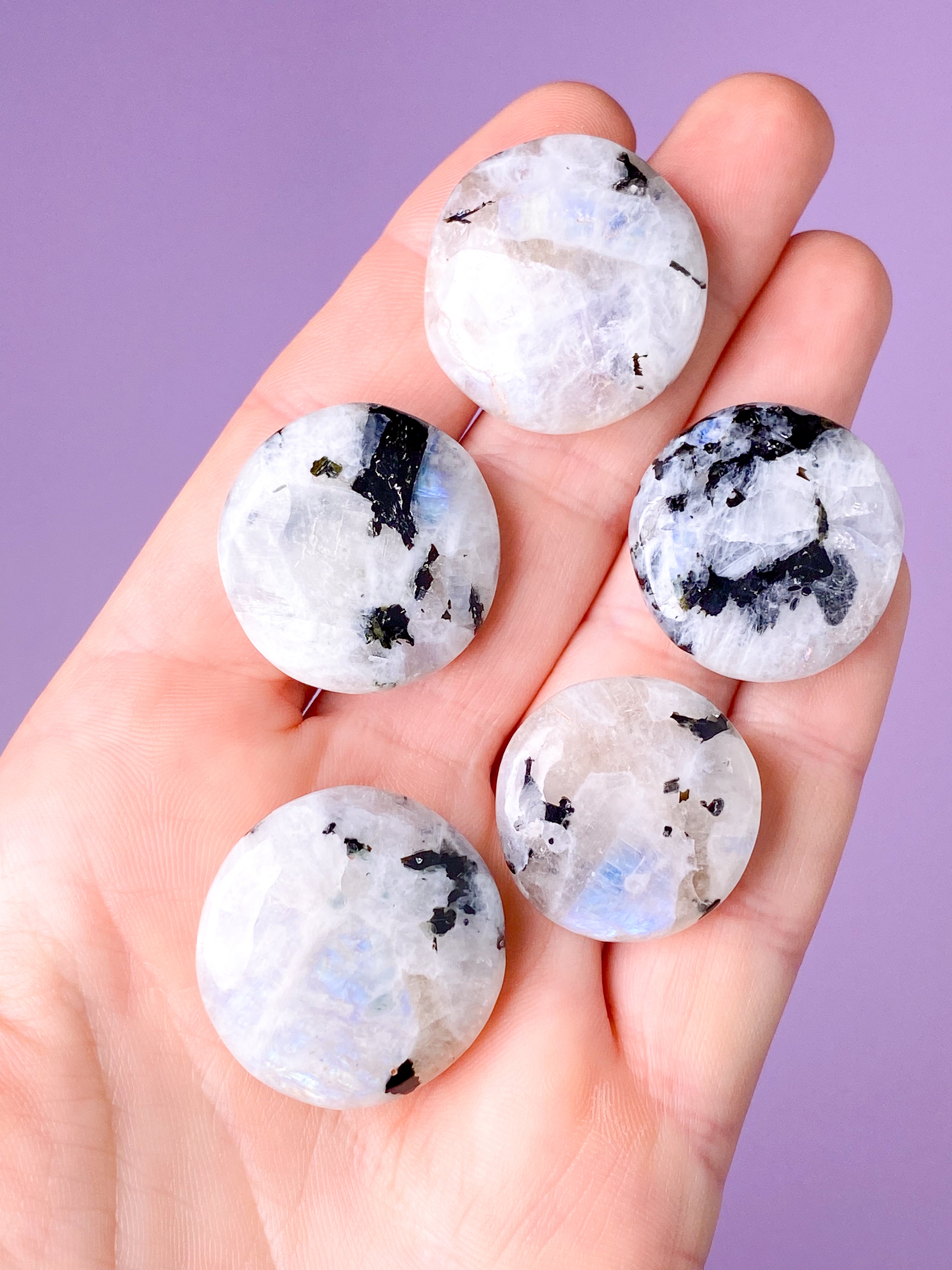 Regnbue Månesten Mini Disc (Flad Poleret Lommesten)